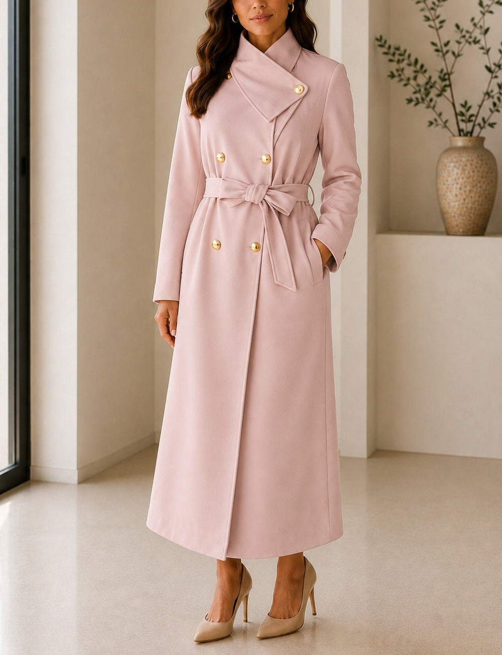 Ladies Pink Side Collar Double Breasted Melton Coat - StylePhase SA