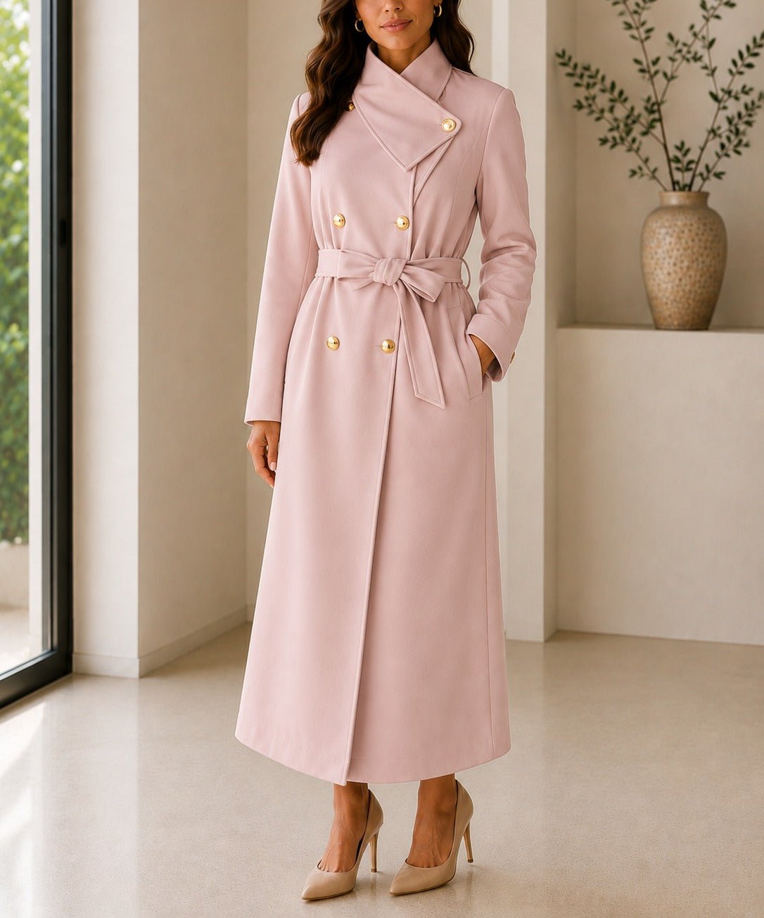 Ladies Pink Side Collar Double Breasted Melton Coat - StylePhase SA