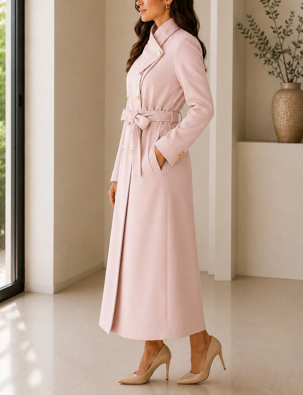 Ladies Pink Side Collar Double Breasted Melton Coat - StylePhase SA