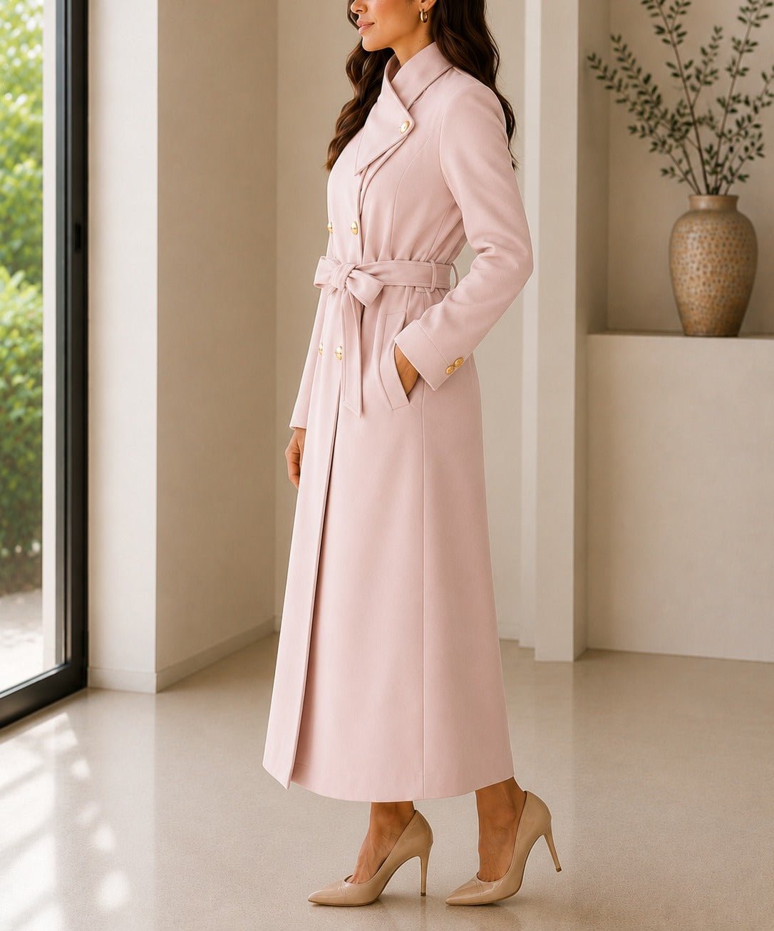 Ladies Pink Side Collar Double Breasted Melton Coat - StylePhase SA