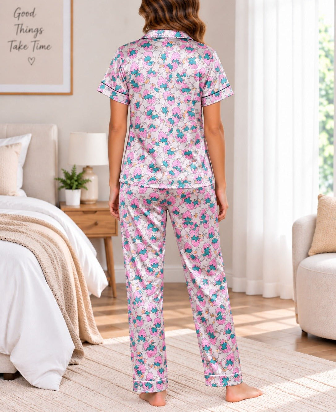 Ladies Pink Strawberry Print Satin Pyjama Set - StylePhase SA