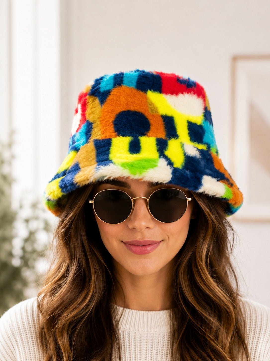Ladies Plush Bucket Hat-White Multi Color - StylePhase SA