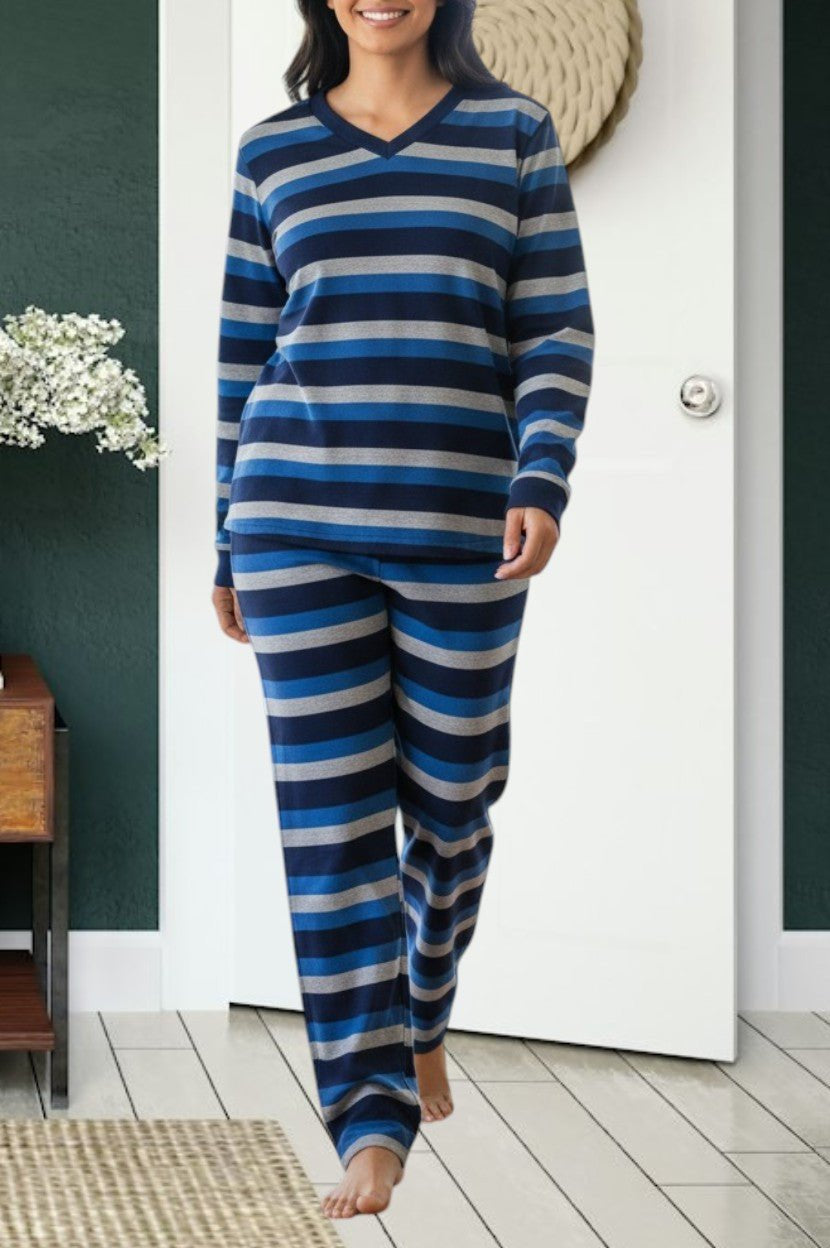 Ladies Polar Fleece Grey Stripe Pyjama Set - StylePhase SA