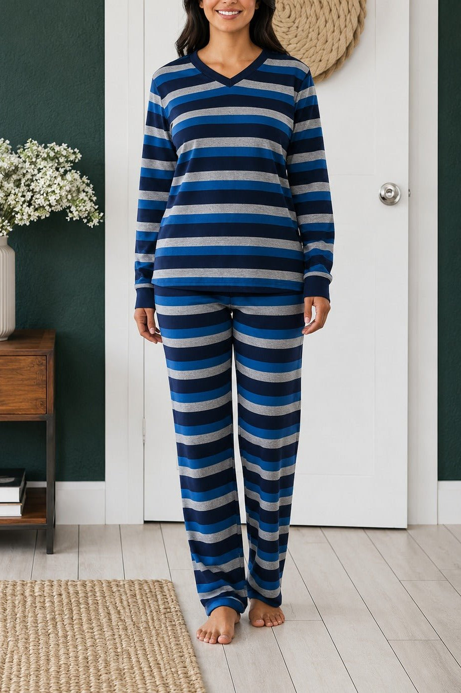 Ladies Polar Fleece Grey Stripe Pyjama Set - StylePhase SA
