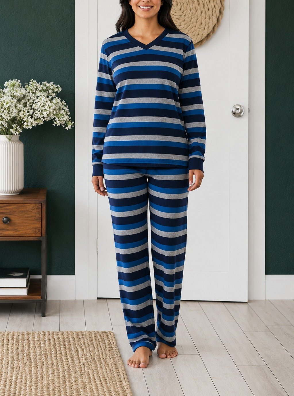 Ladies Polar Fleece Grey Stripe Pyjama Set - StylePhase SA