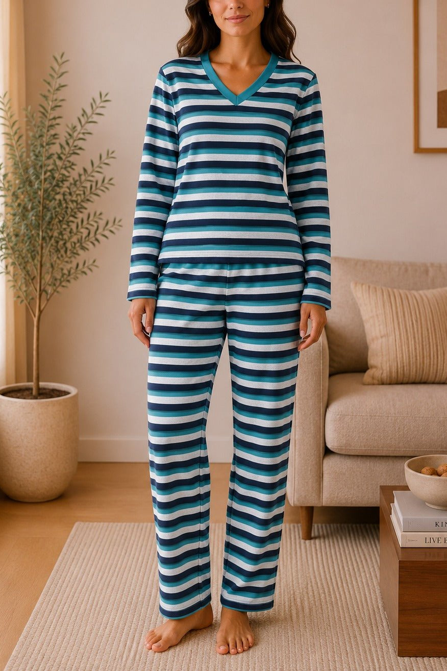 Ladies Polar Fleece Navy Stripe Pyjama Set - StylePhase SA