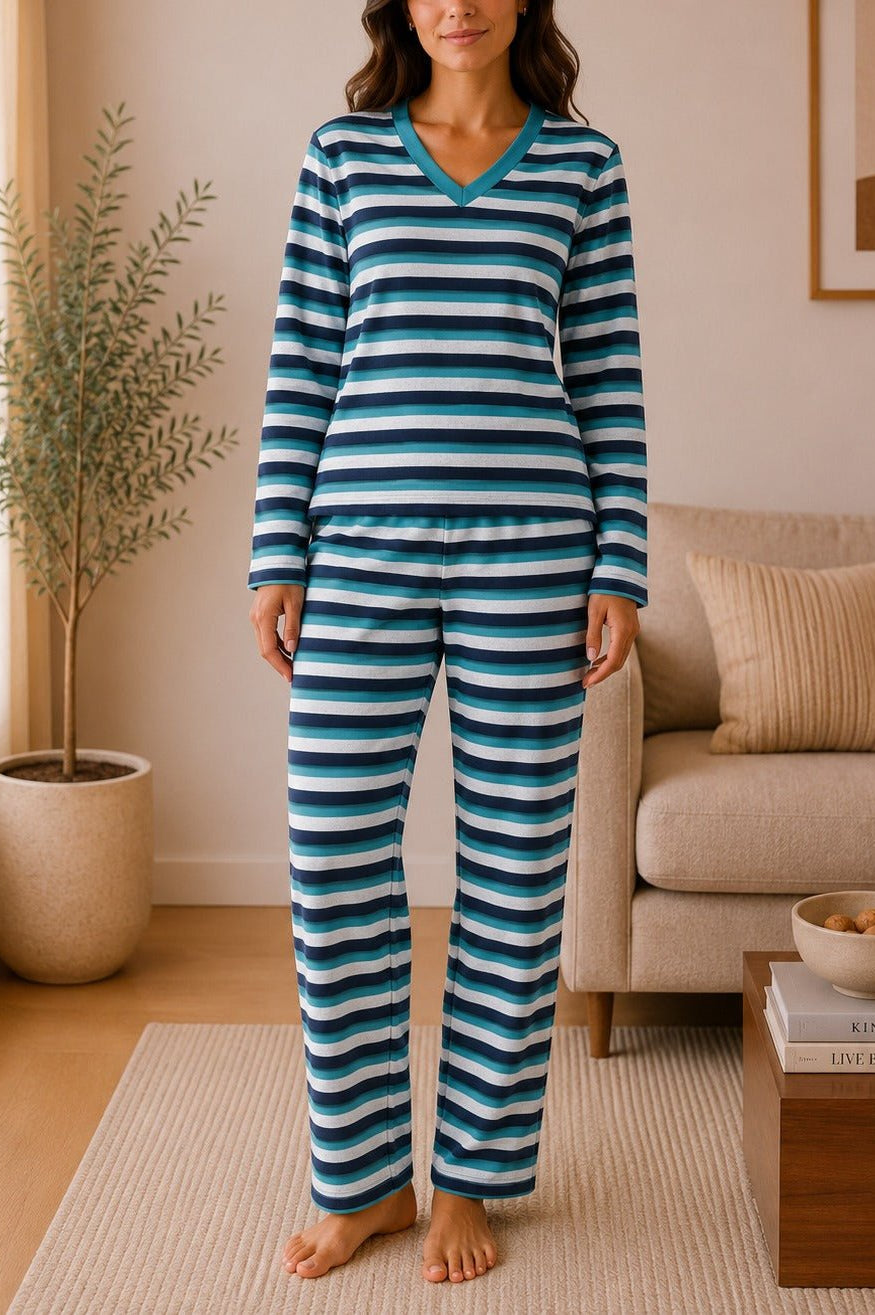 Ladies Polar Fleece Navy Stripe Pyjama Set - StylePhase SA