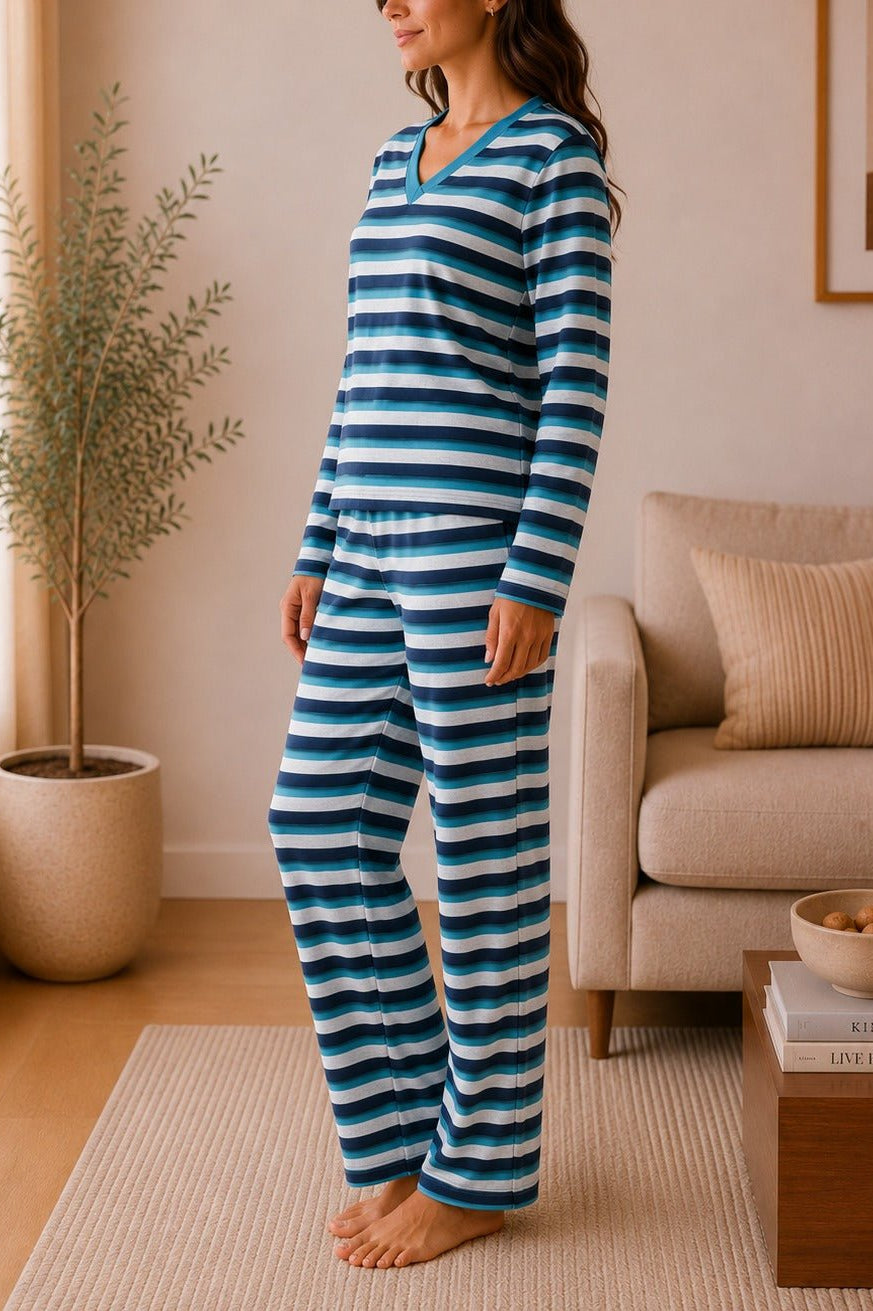 Ladies Polar Fleece Navy Stripe Pyjama Set - StylePhase SA