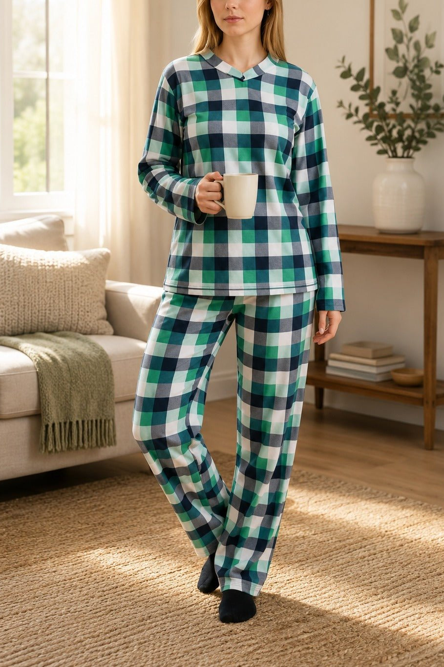 Ladies Polar Fleece Printed Pyjama Set - Green And Grey - StylePhase SA