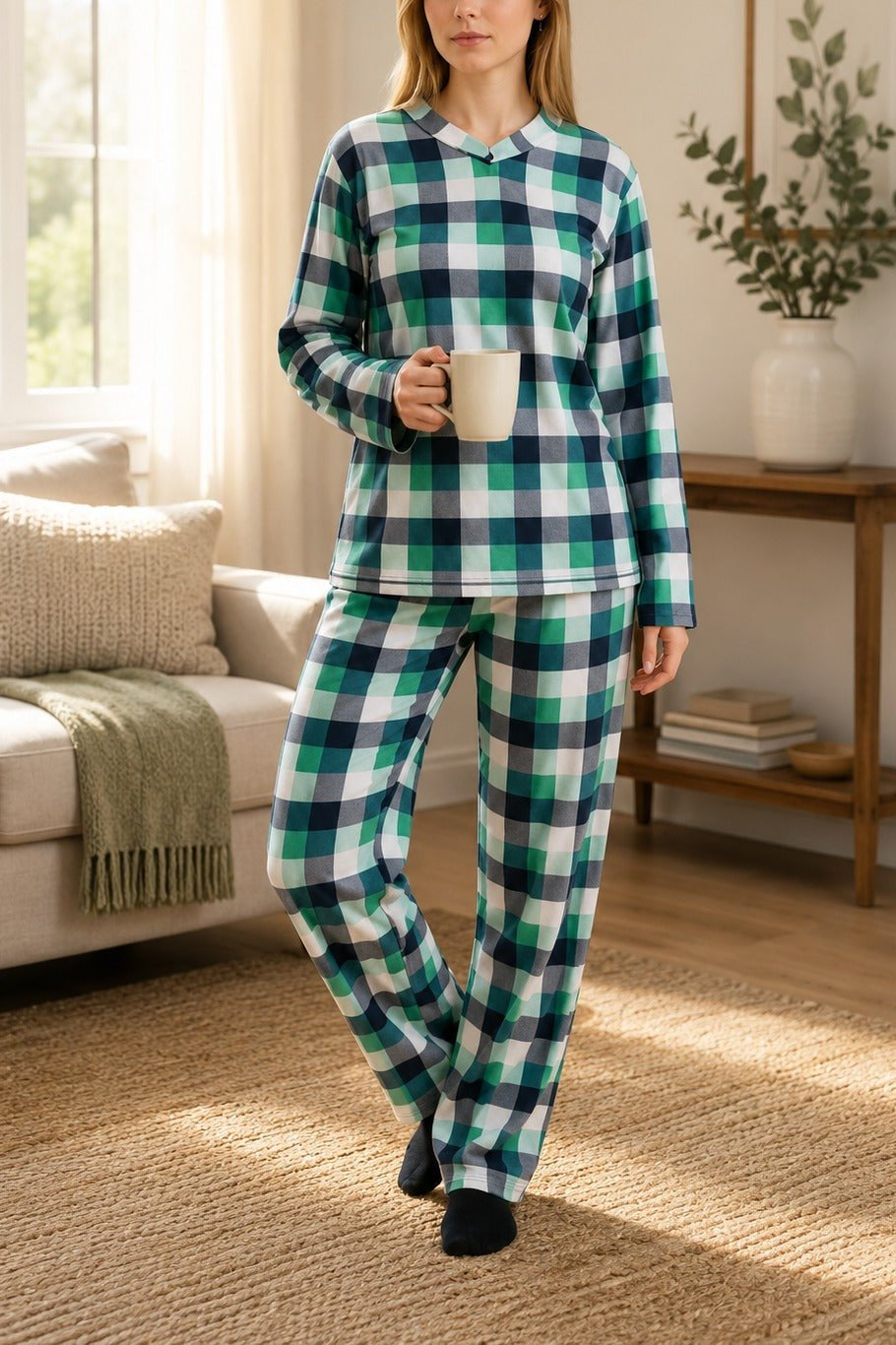 Ladies Polar Fleece Printed Pyjama Set - Green And Grey - StylePhase SA