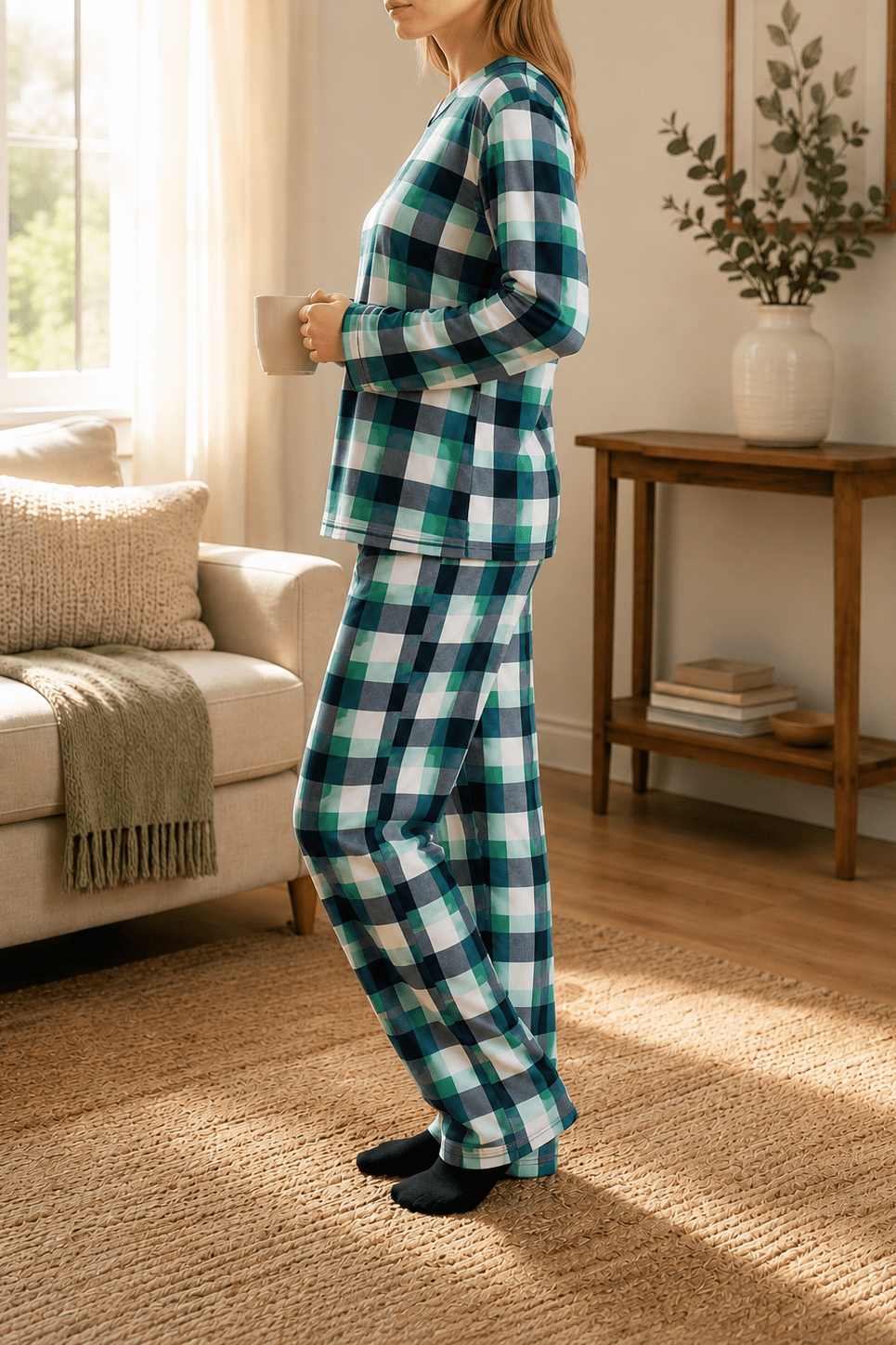 Ladies Polar Fleece Printed Pyjama Set - Green And Grey - StylePhase SA