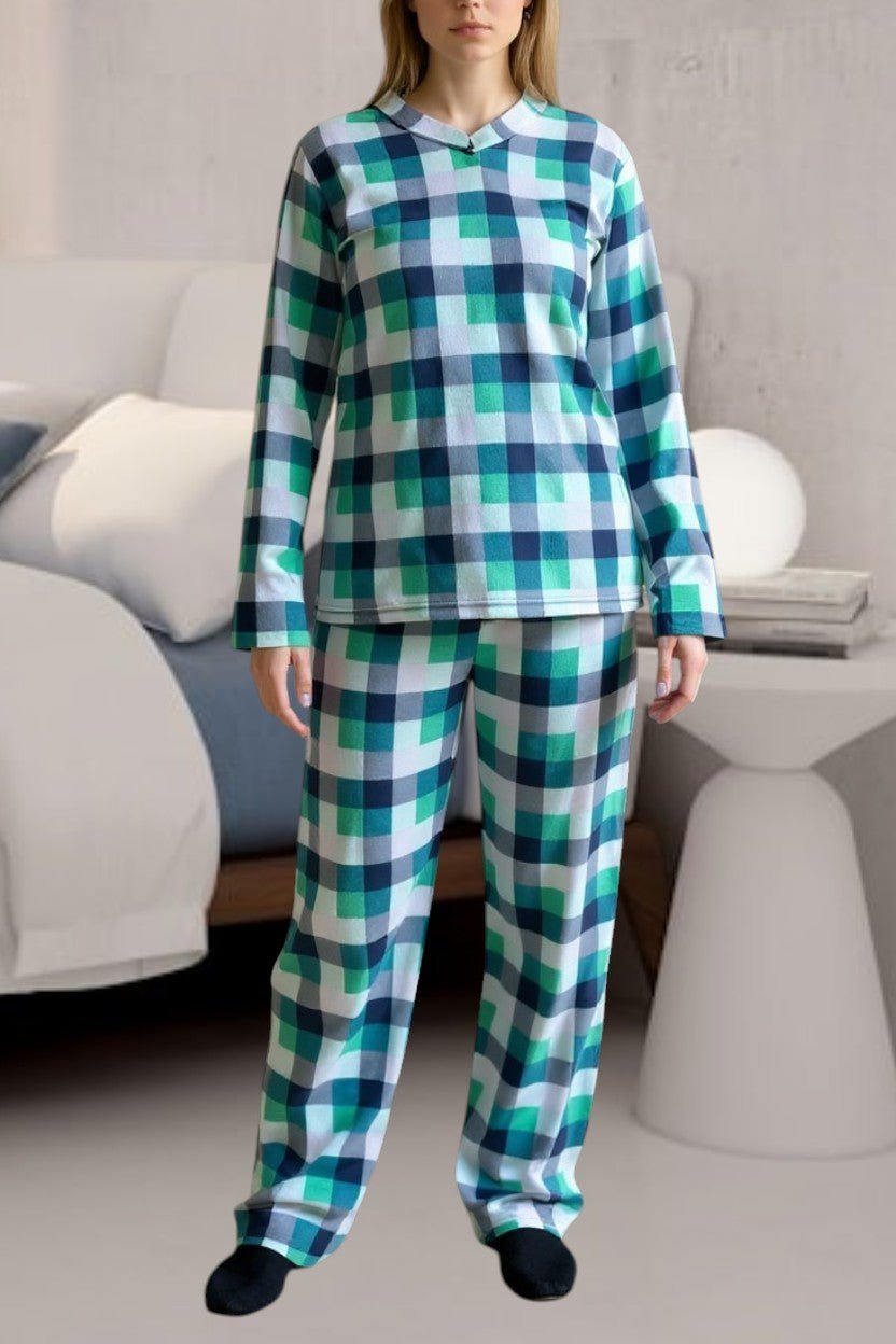 Ladies Polar Fleece Printed Pyjama Set - Green And Grey - StylePhase SA