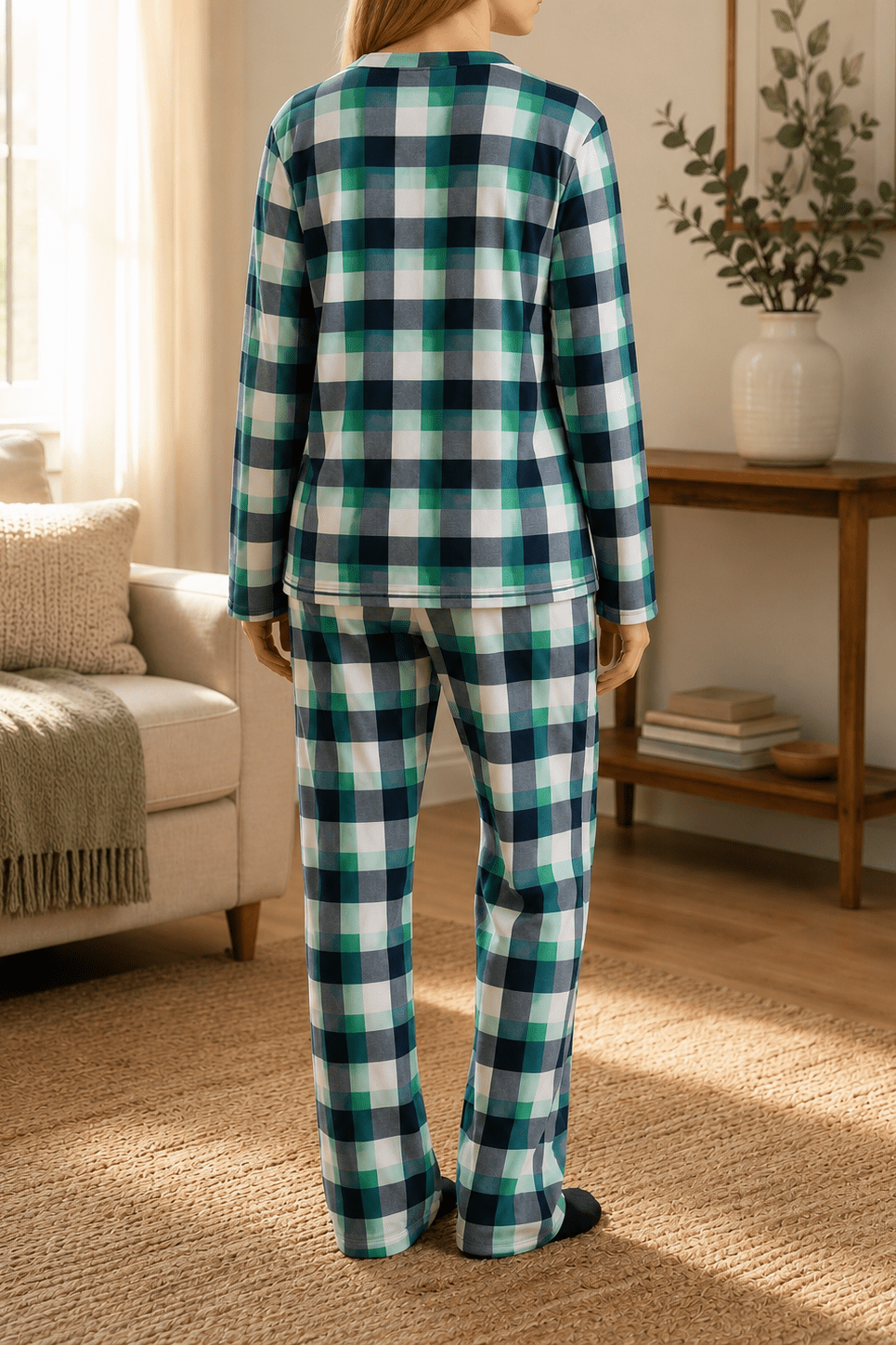 Ladies Polar Fleece Printed Pyjama Set - Green And Grey - StylePhase SA
