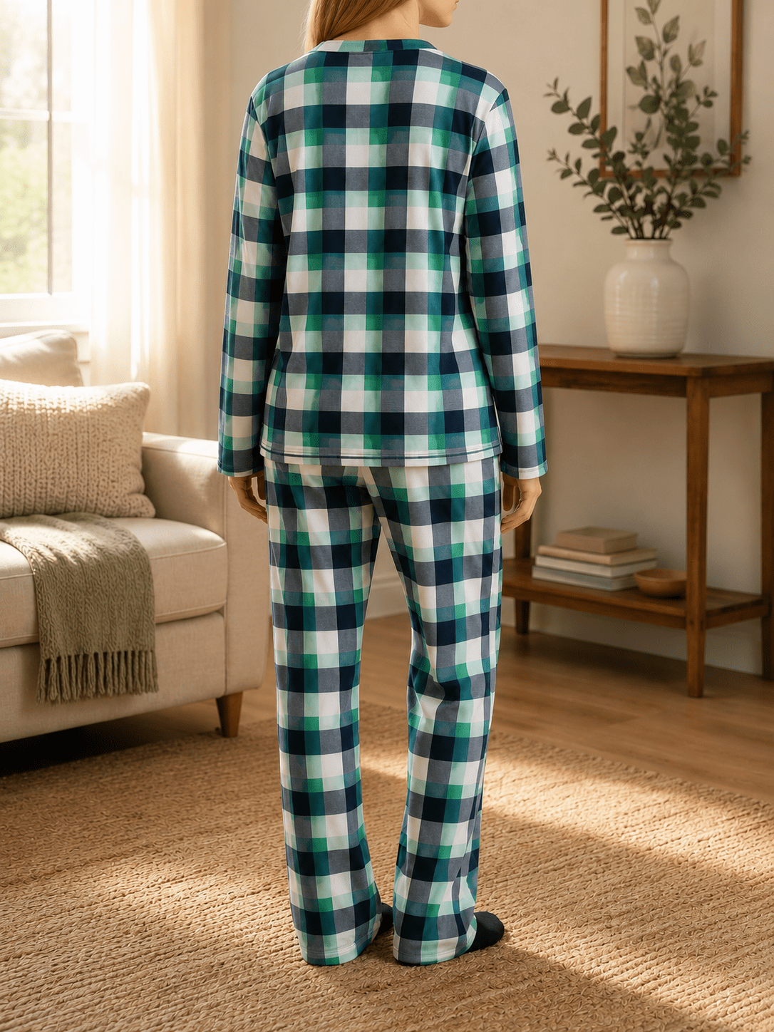 Ladies Polar Fleece Printed Pyjama Set - Green And Grey - StylePhase SA