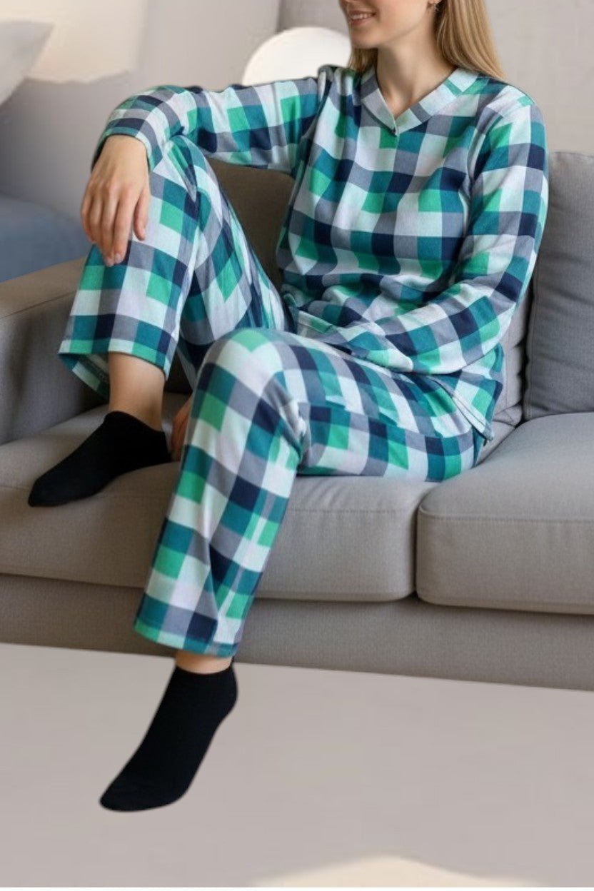 Ladies Polar Fleece Printed Pyjama Set - Green And Grey - StylePhase SA