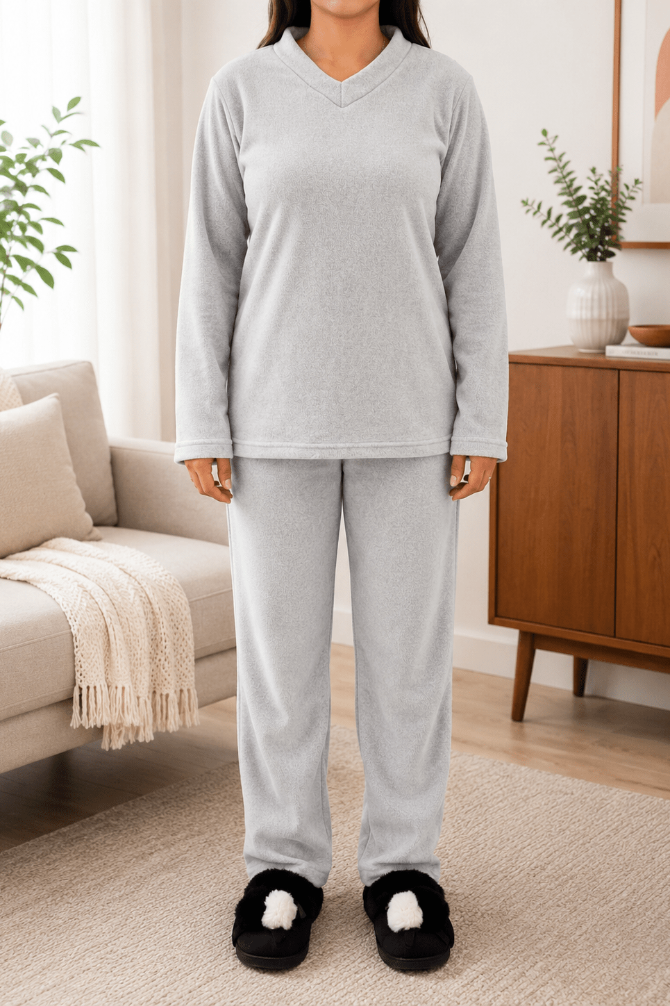 Ladies Polar Fleece Printed Pyjama Set - Light Grey - StylePhase SA