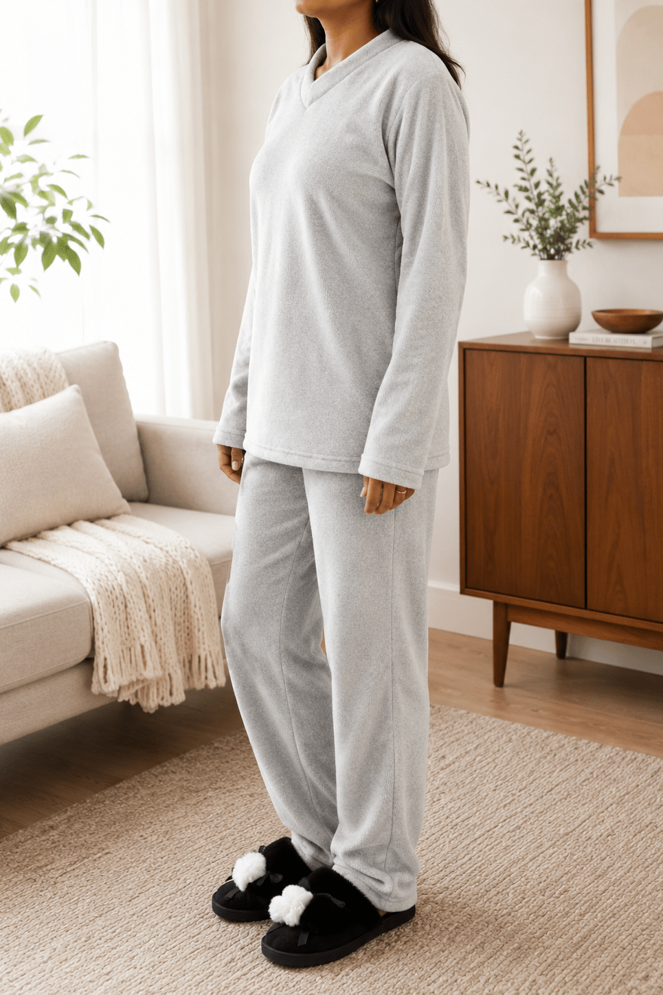 Ladies Polar Fleece Printed Pyjama Set - Light Grey - StylePhase SA