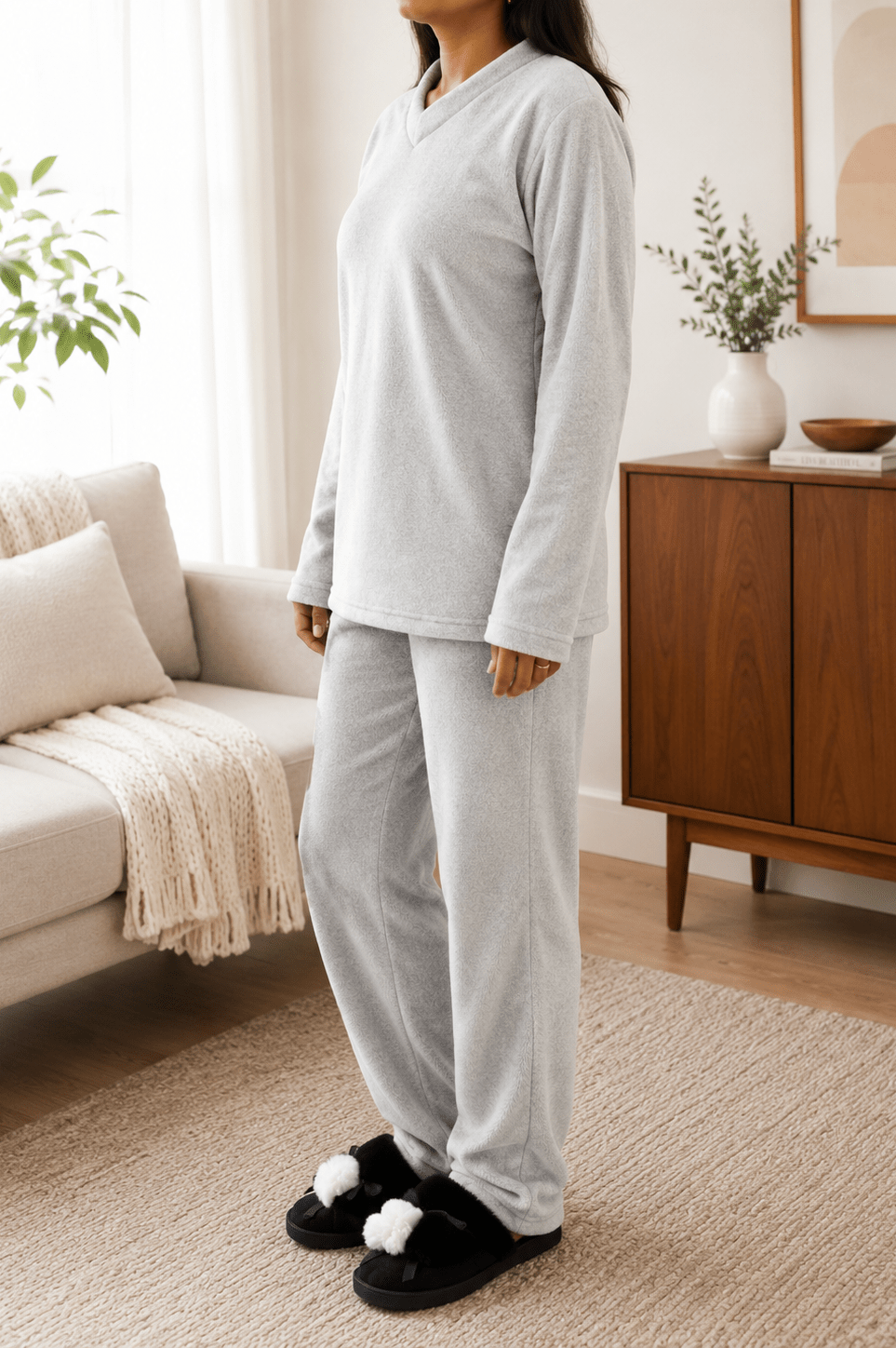 Ladies Polar Fleece Printed Pyjama Set - Light Grey - StylePhase SA