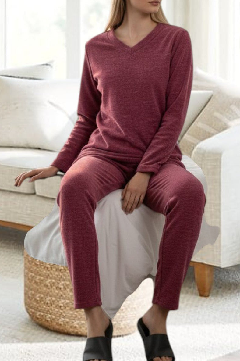 Ladies Polar Fleece Printed Pyjama Set - Maroon - StylePhase SA