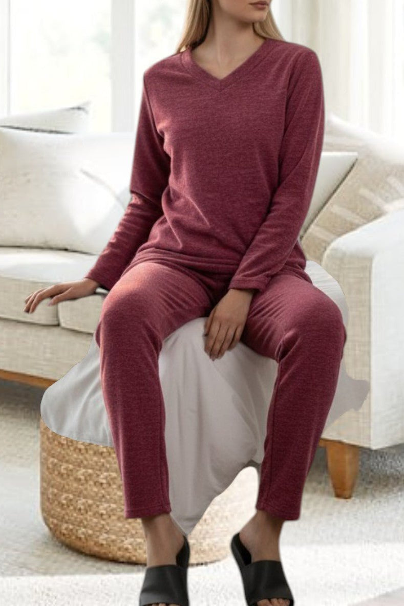 Ladies Polar Fleece Printed Pyjama Set - Maroon - StylePhase SA