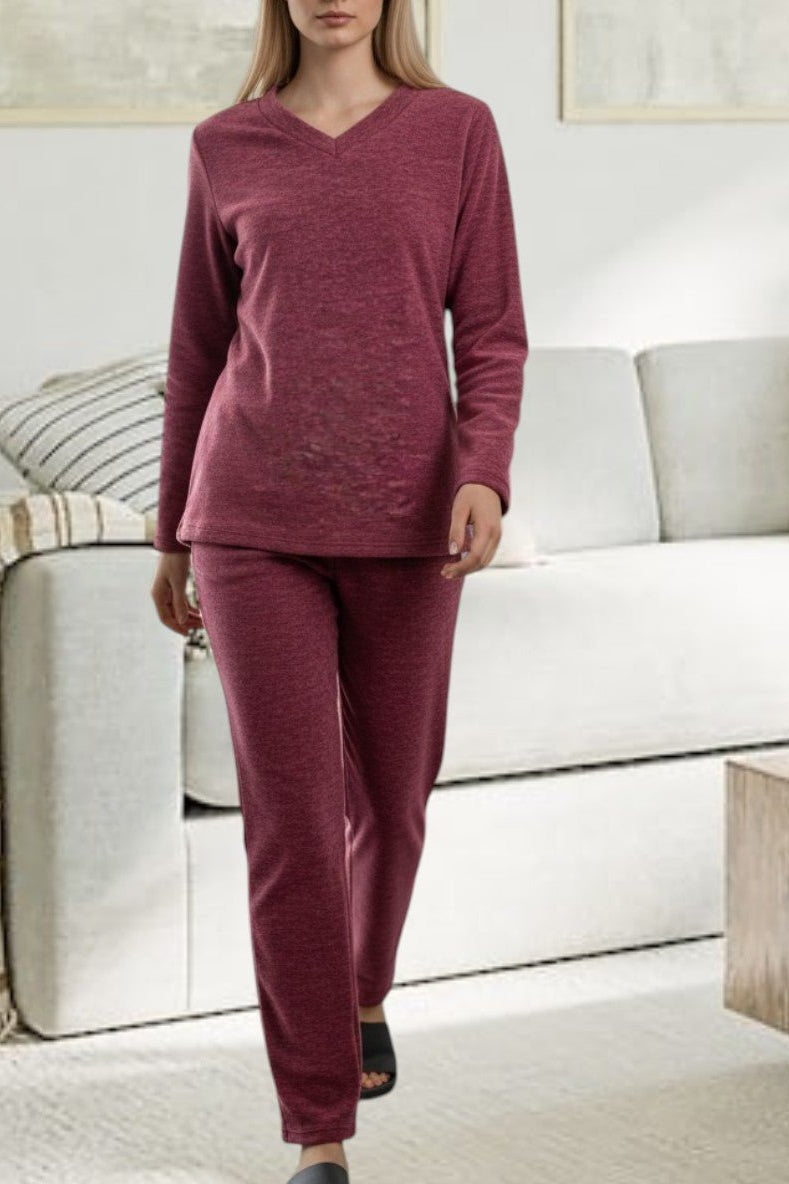 Ladies Polar Fleece Printed Pyjama Set - Maroon - StylePhase SA