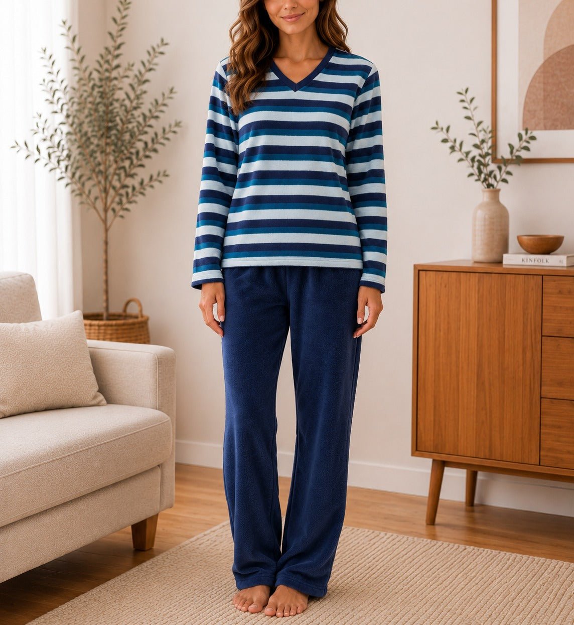 Ladies Polar Fleece Printed Pyjama Set - Teal And Blue - StylePhase SA