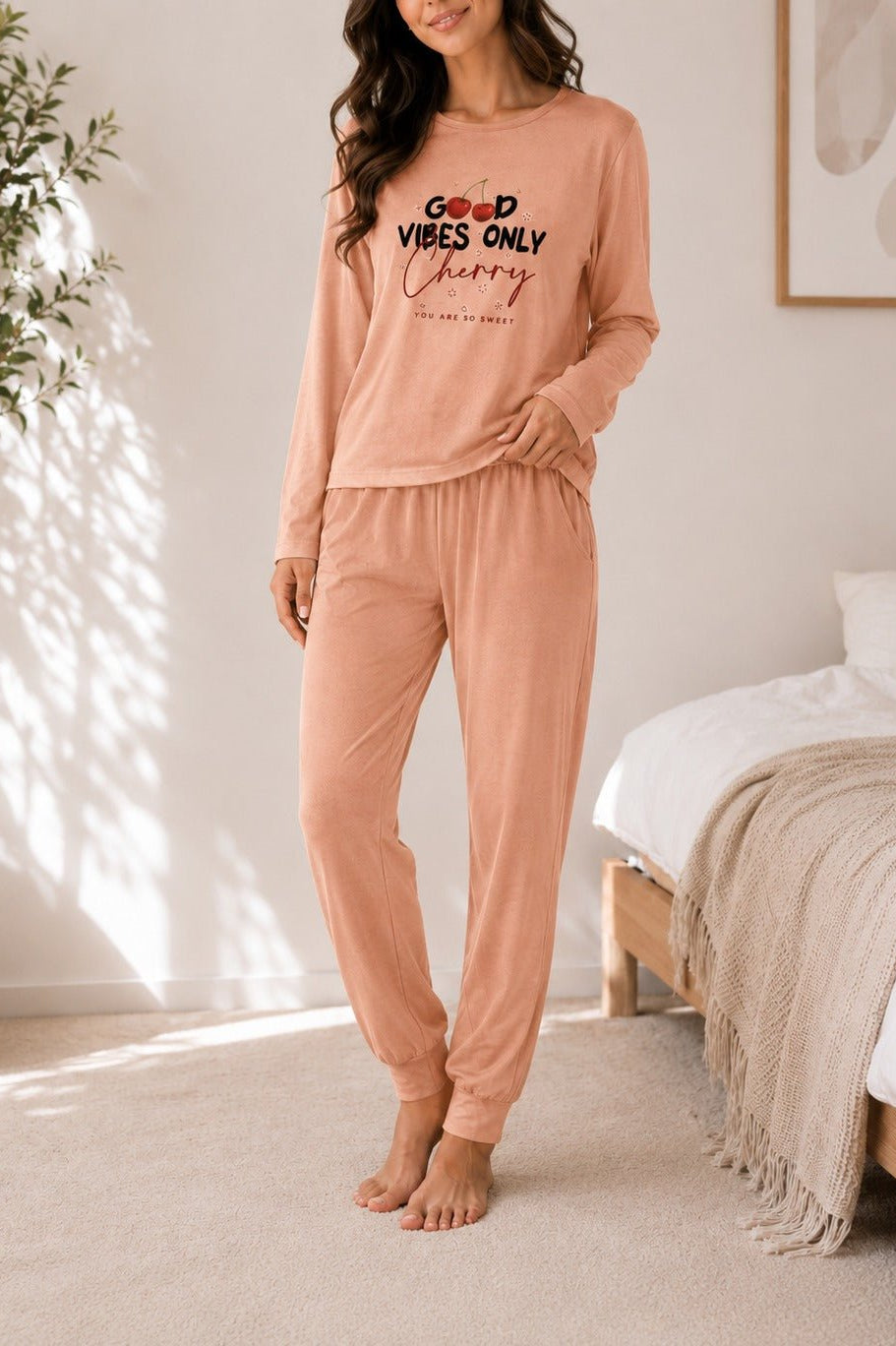 Ladies Printed Peach Pj Set -Good Vibes Only - StylePhase SA