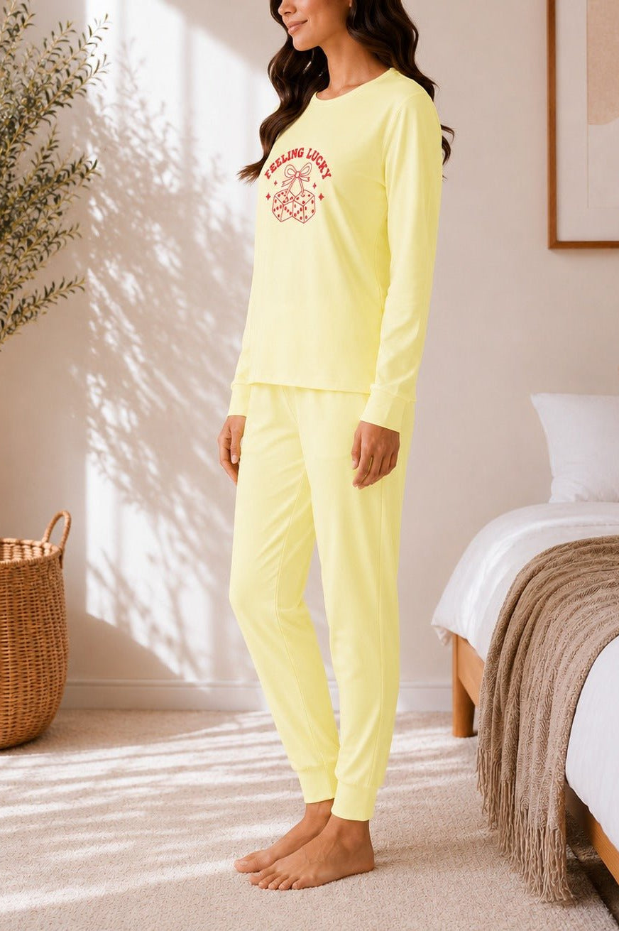 Ladies Printed Yellow Pj Set -Feeling Lucky - StylePhase SA