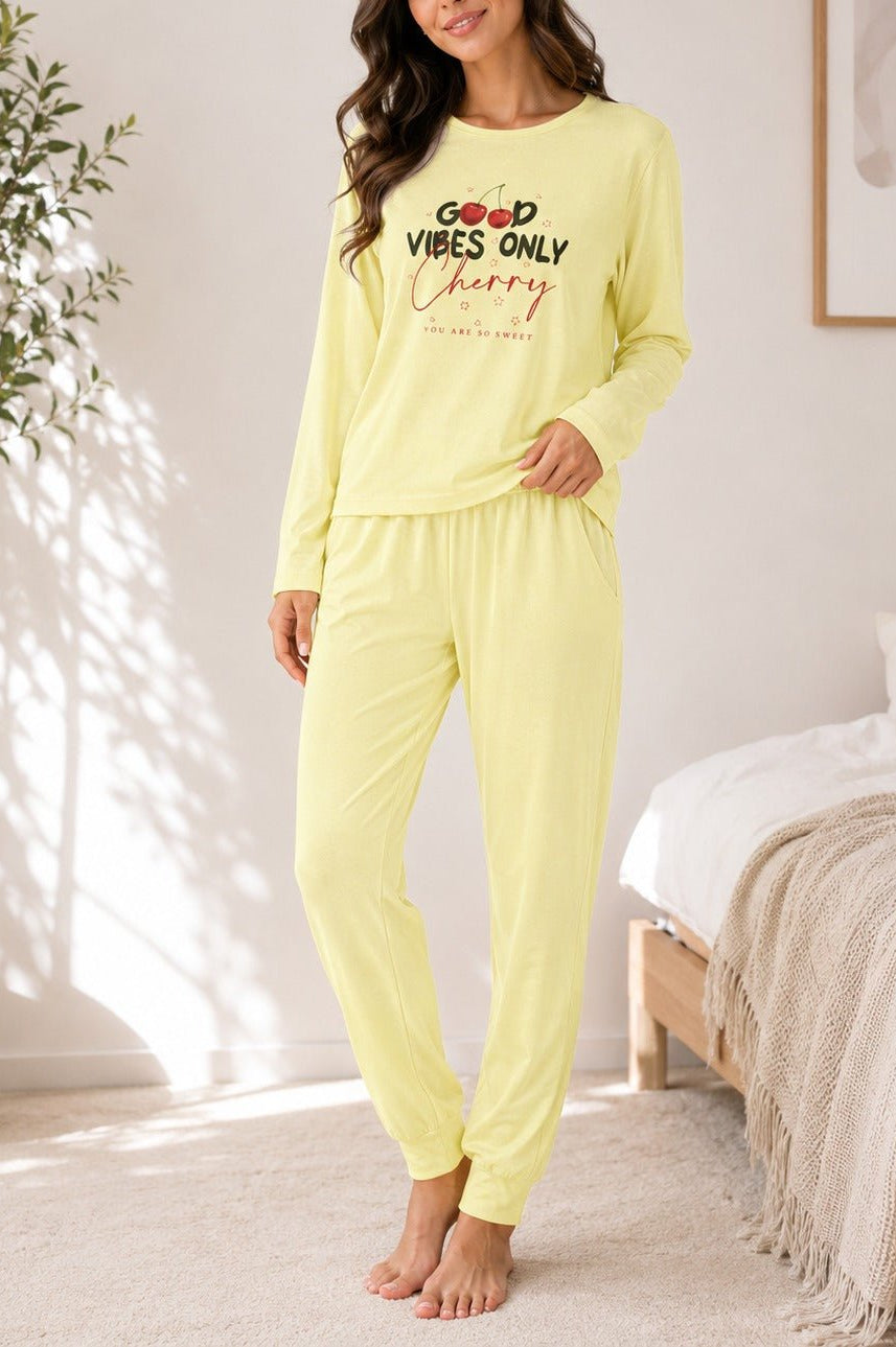 Ladies Printed Yellow Pj Set -Good Vibes Only - StylePhase SA