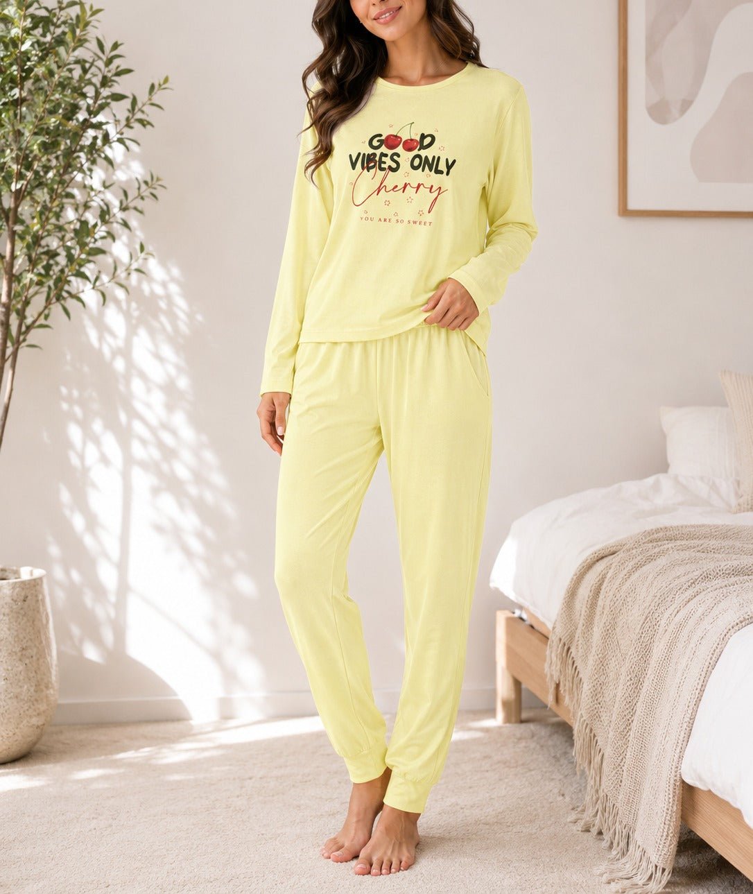 Ladies Printed Yellow Pj Set -Good Vibes Only - StylePhase SA