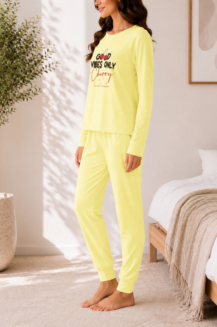 Ladies Printed Yellow Pj Set -Good Vibes Only - StylePhase SA