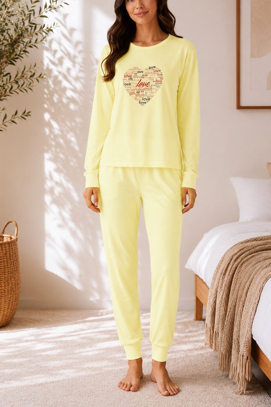 Ladies Printed Yellow Pj Set -Heart Graphic - StylePhase SA