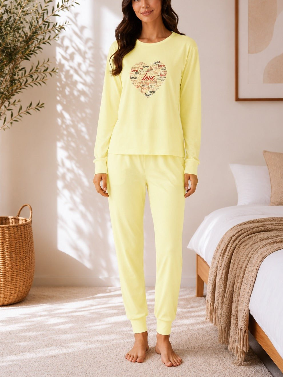 Ladies Printed Yellow Pj Set -Heart Graphic - StylePhase SA