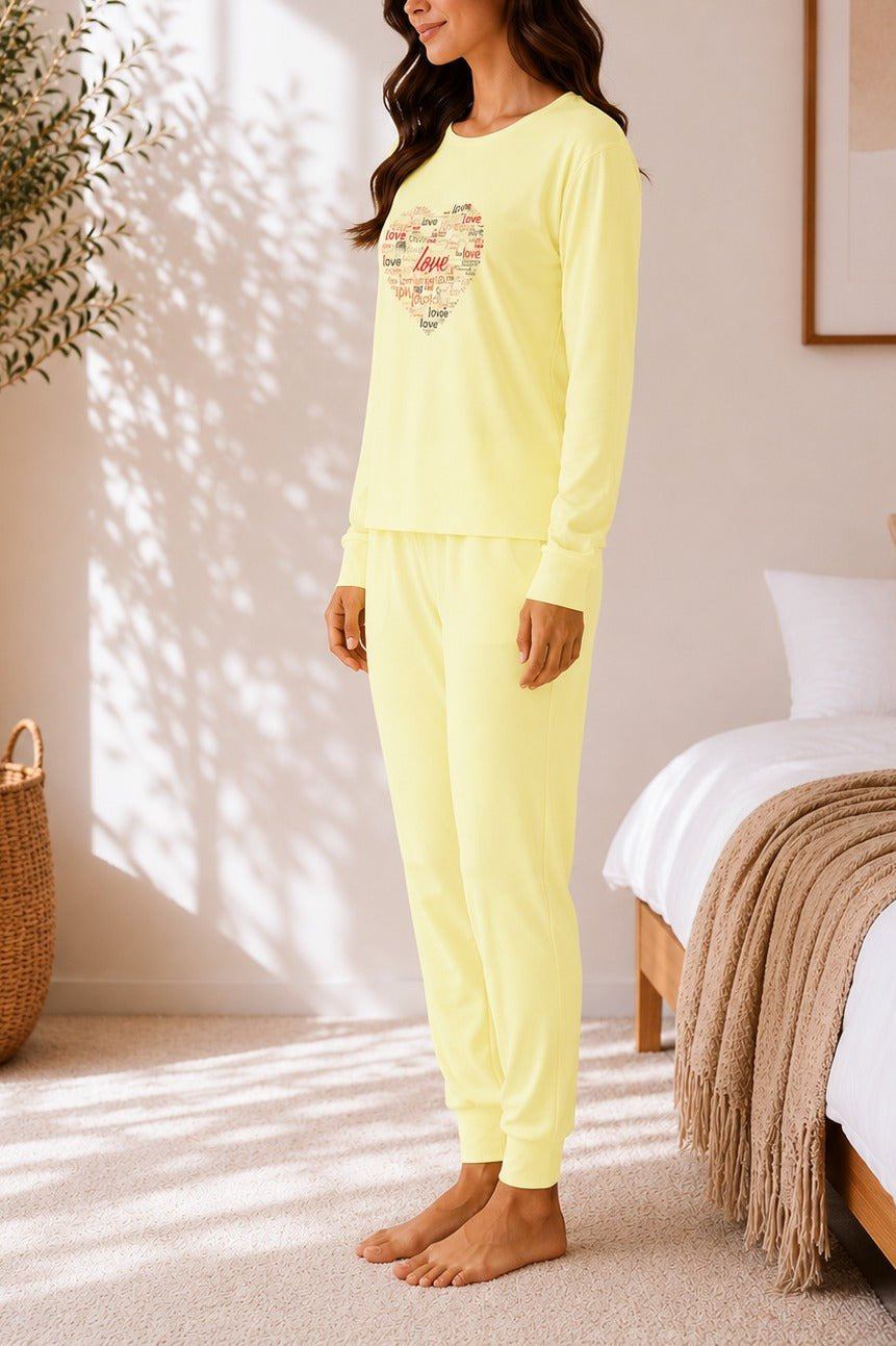 Ladies Printed Yellow Pj Set -Heart Graphic - StylePhase SA