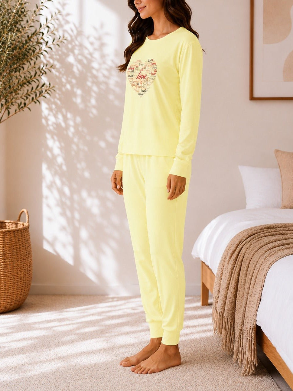 Ladies Printed Yellow Pj Set -Heart Graphic - StylePhase SA
