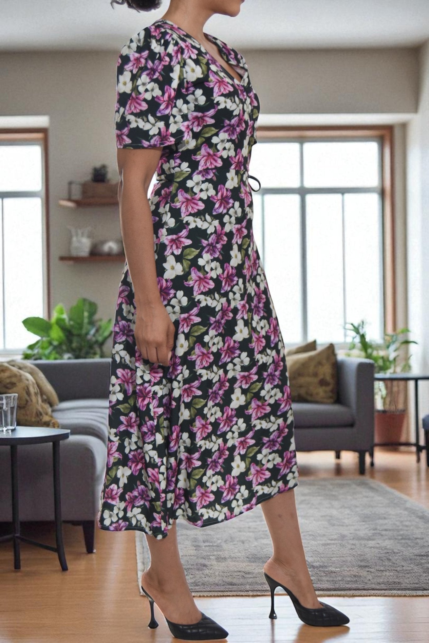Ladies Purple And White Flower Wrap Dress - StylePhase SA
