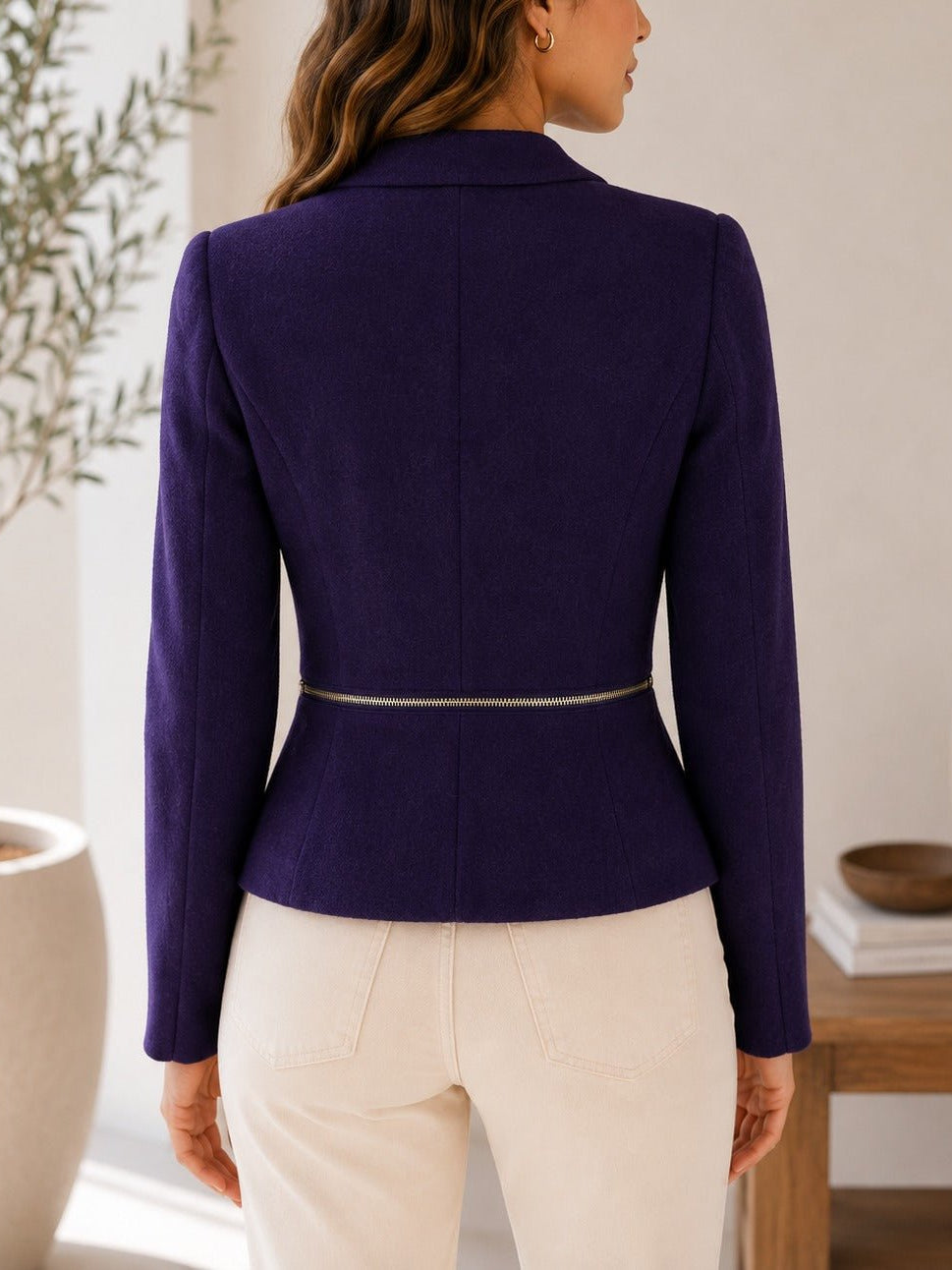 Ladies Purple Asymmetric Zipper Slim Fit Blazer - StylePhase SA