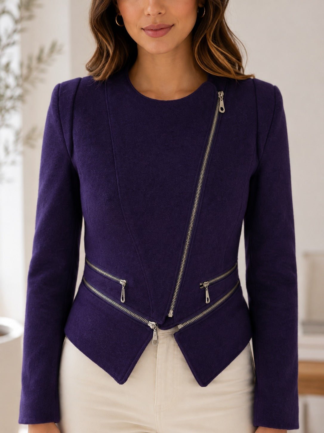 Ladies Purple Asymmetric Zipper Slim Fit Blazer - StylePhase SA