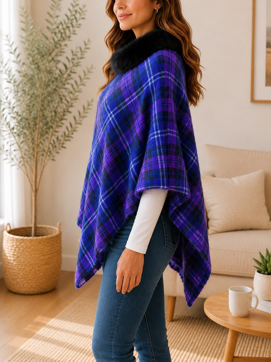 Ladies Purple Pattern Fur Collar Poncho - StylePhase SA