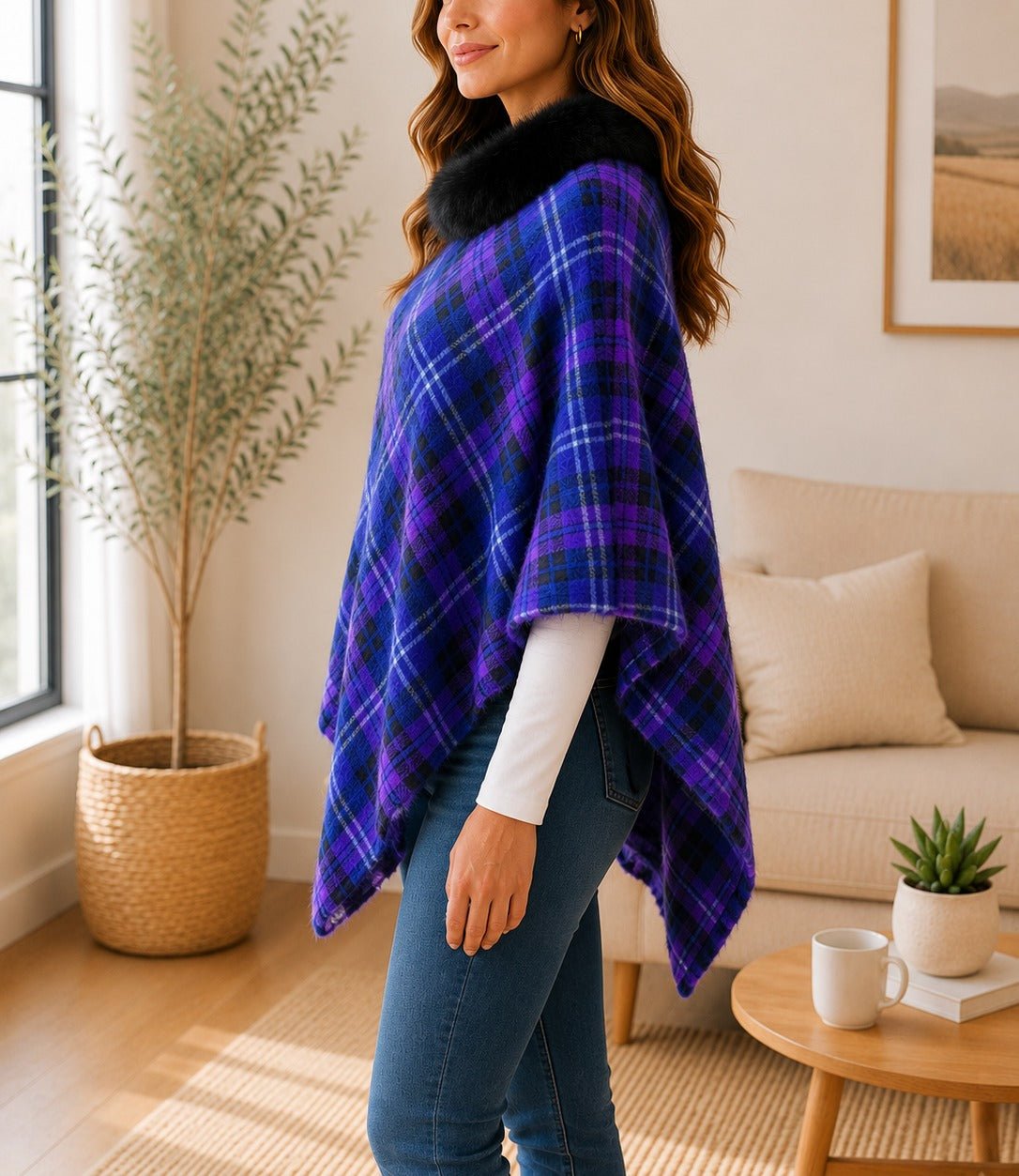Ladies Purple Pattern Fur Collar Poncho - StylePhase SA