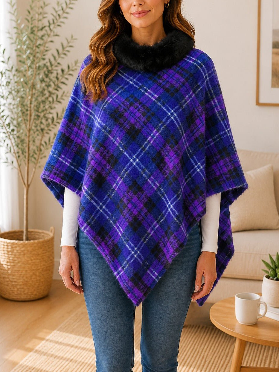 Ladies Purple Pattern Fur Collar Poncho - StylePhase SA