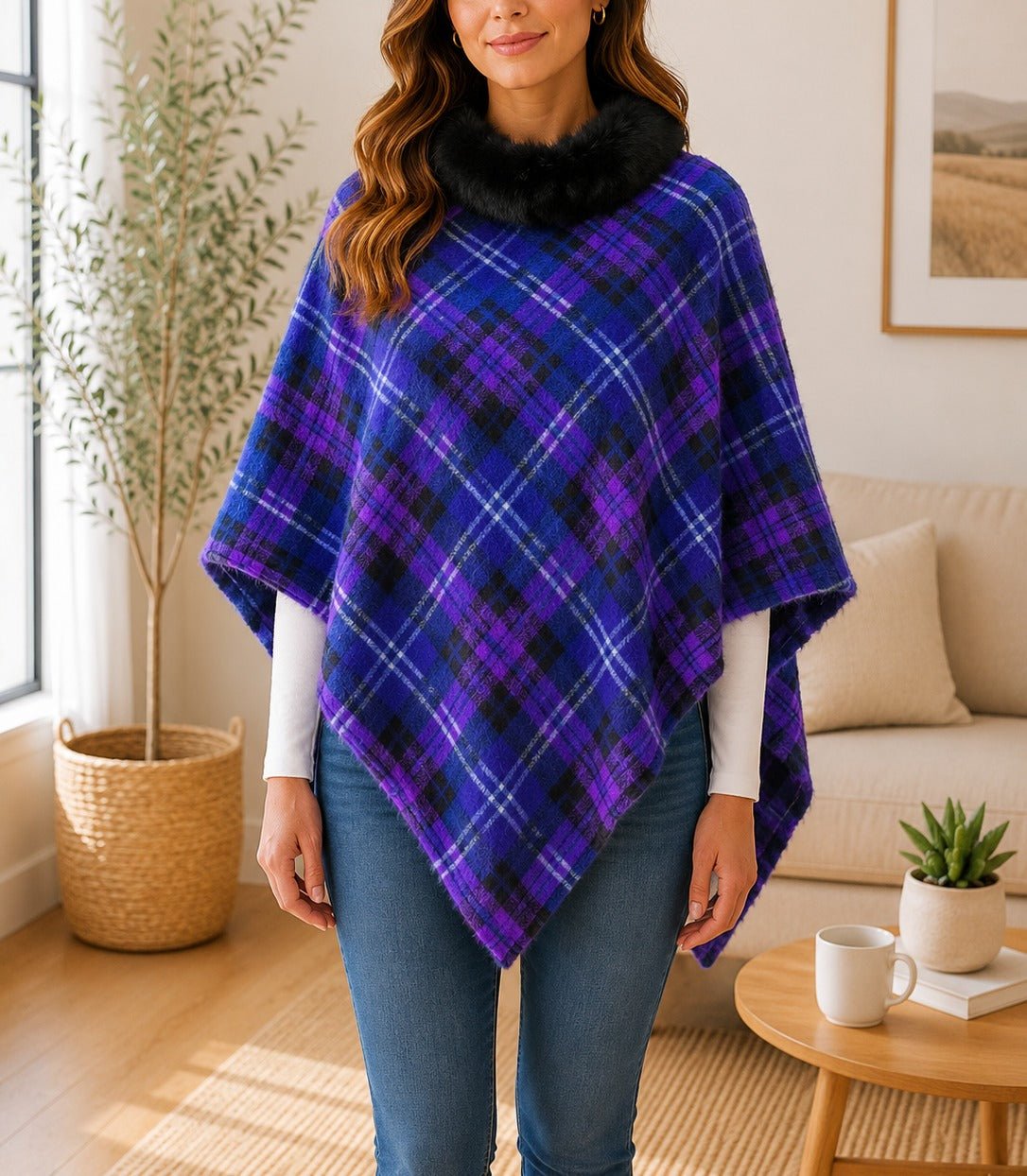 Ladies Purple Pattern Fur Collar Poncho - StylePhase SA