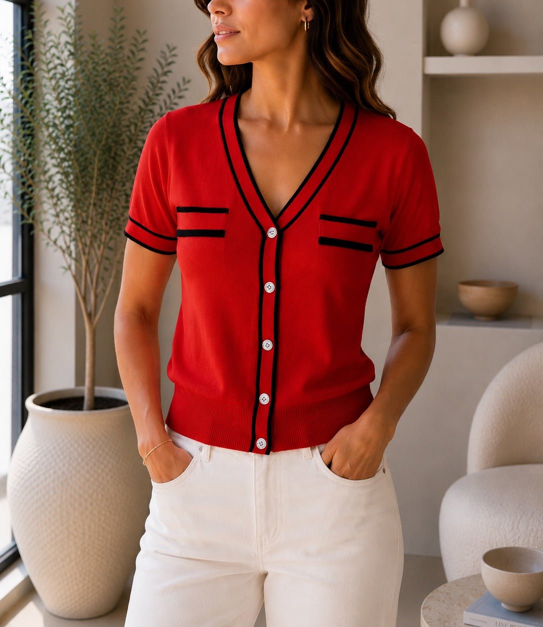 Ladies Red Contrast Trim Button Front Knit Cardigan - StylePhase SA