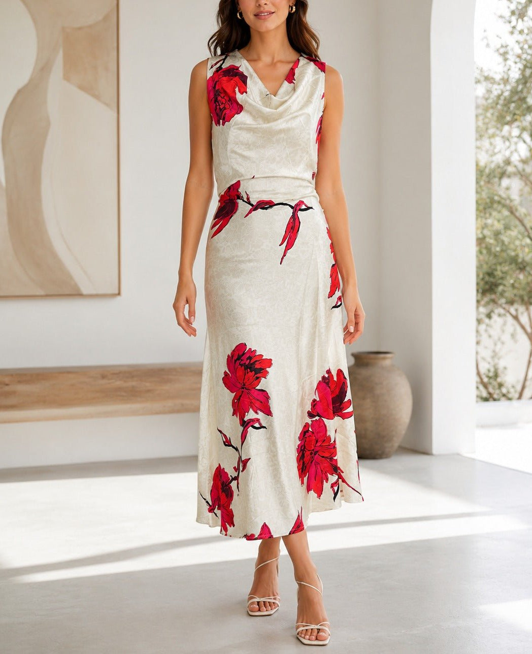 Ladies Red Floral Satin Dress- New Feeling - StylePhase SA
