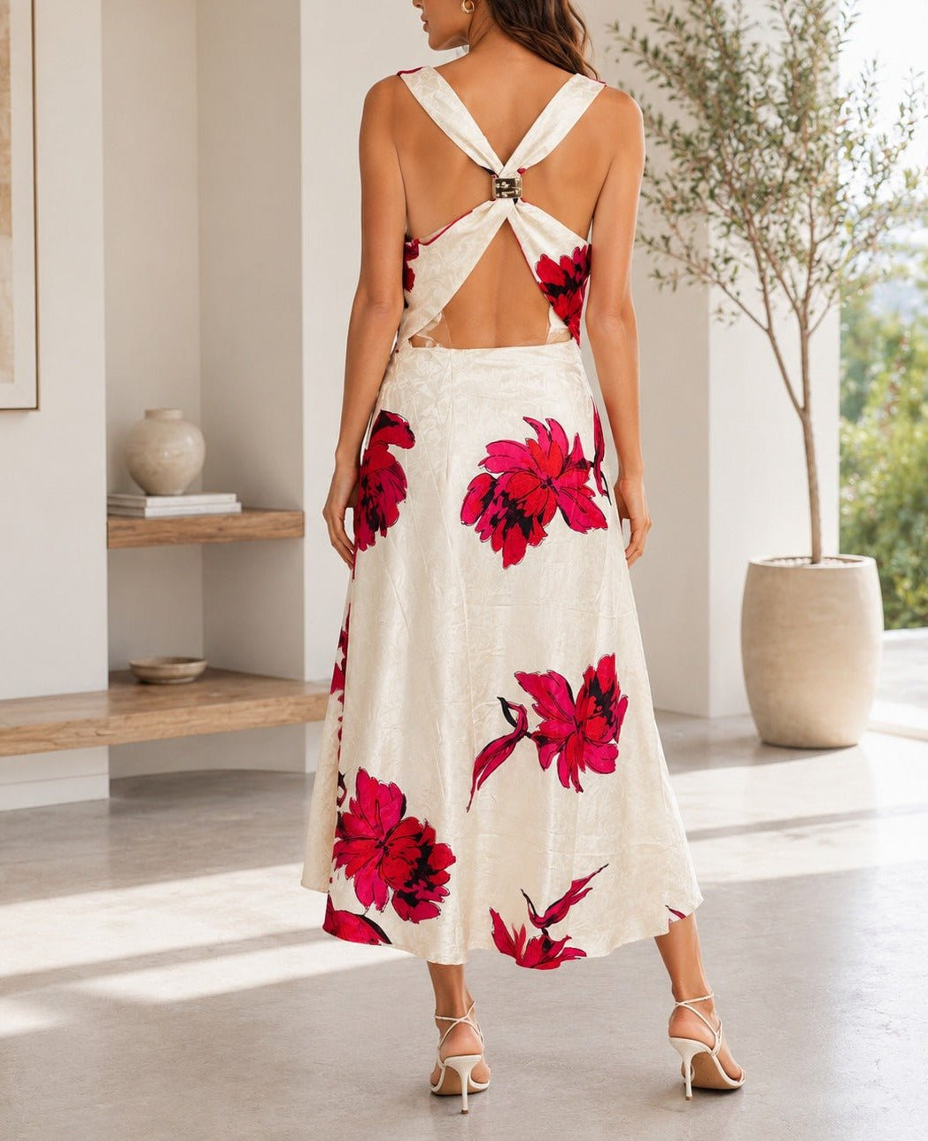 Ladies Red Floral Satin Dress- New Feeling - StylePhase SA