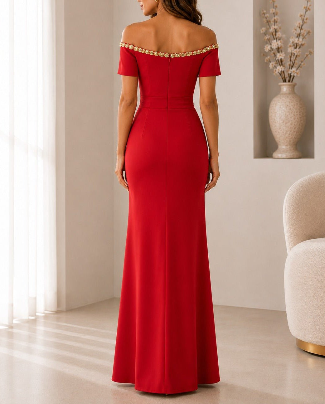 Ladies Red New Feeling Embellished Off Shoulder Maxi Dress - StylePhase SA