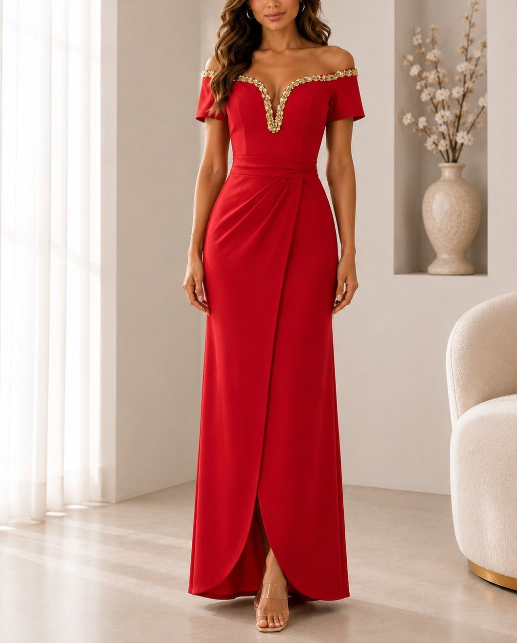 Ladies Red New Feeling Embellished Off Shoulder Maxi Dress - StylePhase SA