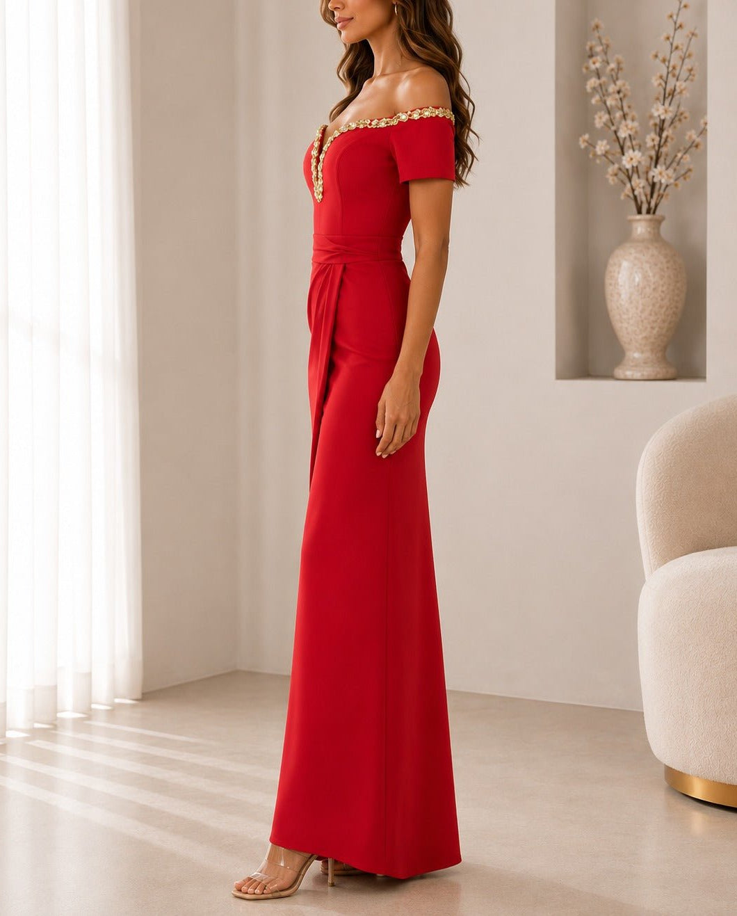 Ladies Red New Feeling Embellished Off Shoulder Maxi Dress - StylePhase SA