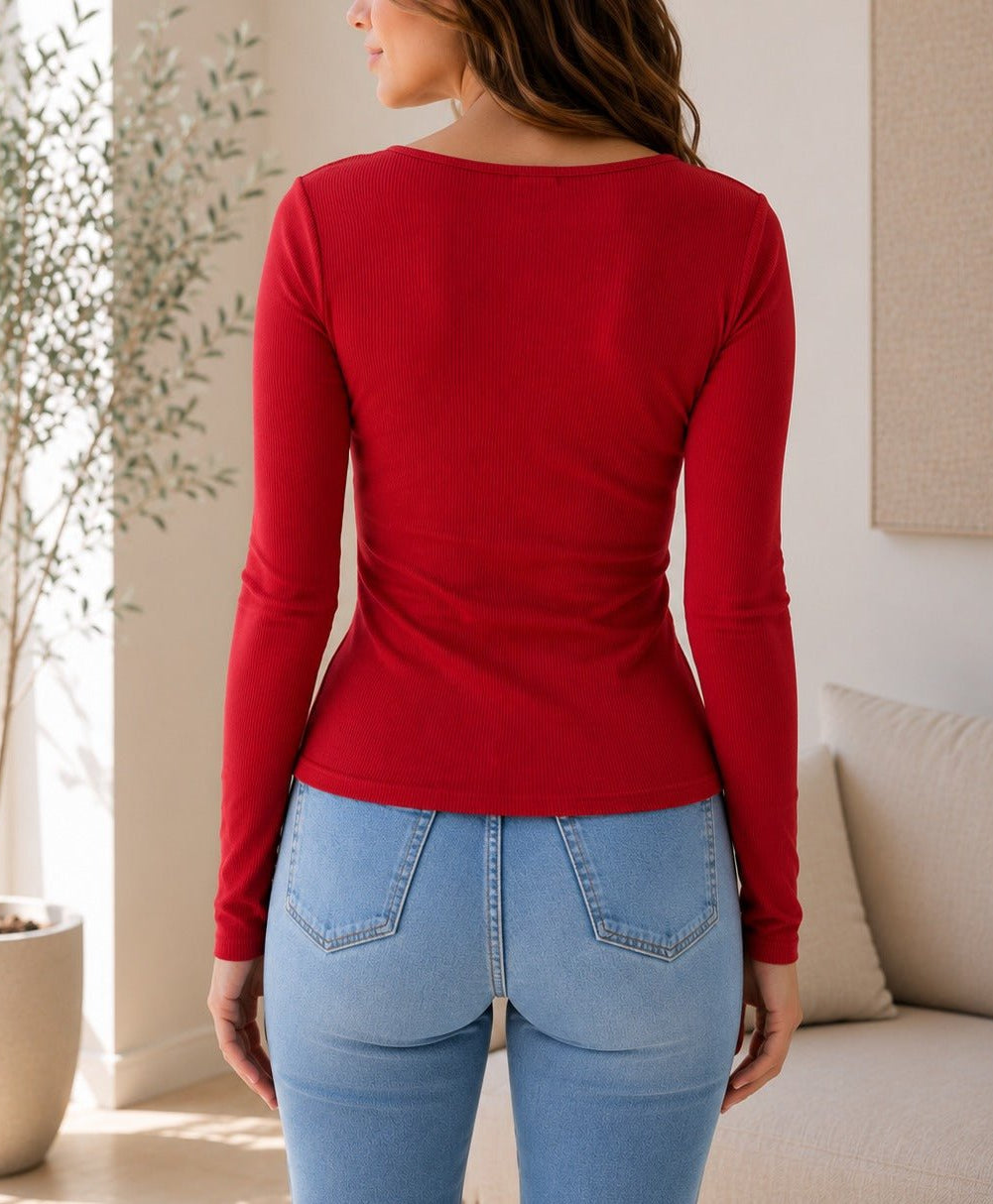 Ladies Red Square Neck Button Knit Cardigan - StylePhase SA