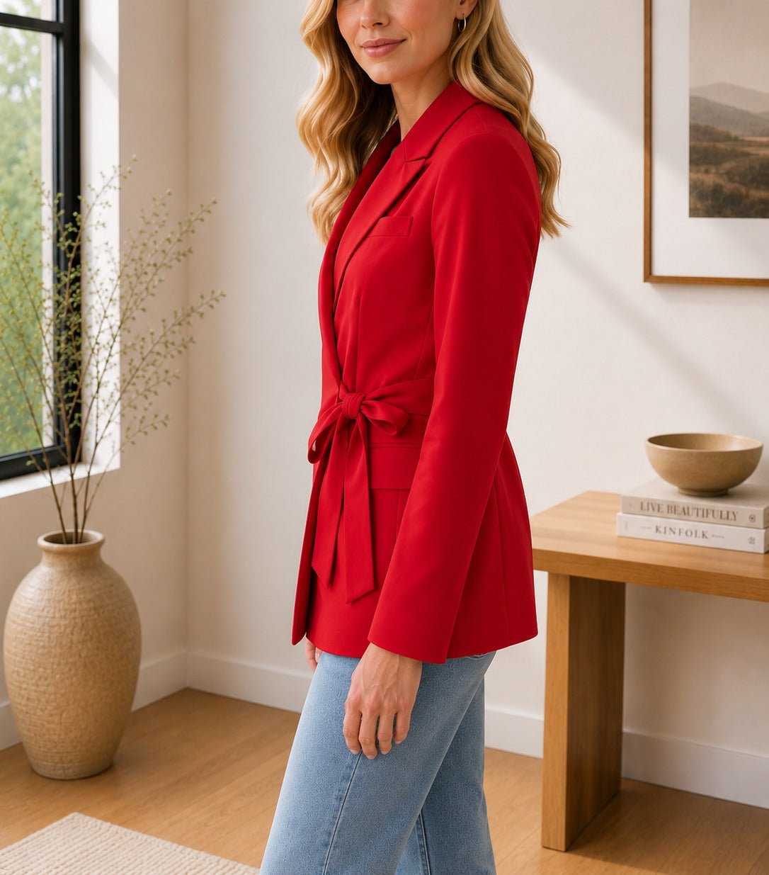 Ladies Red Tie Lined Slim Fit Blazer - StylePhase SA